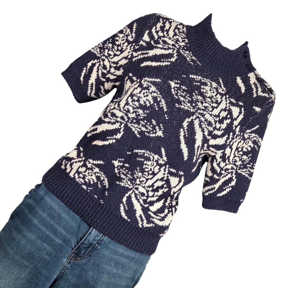 Maeve Anthropologie Divendra Short Sleeve Sweater Women Small Navy Blue Floral